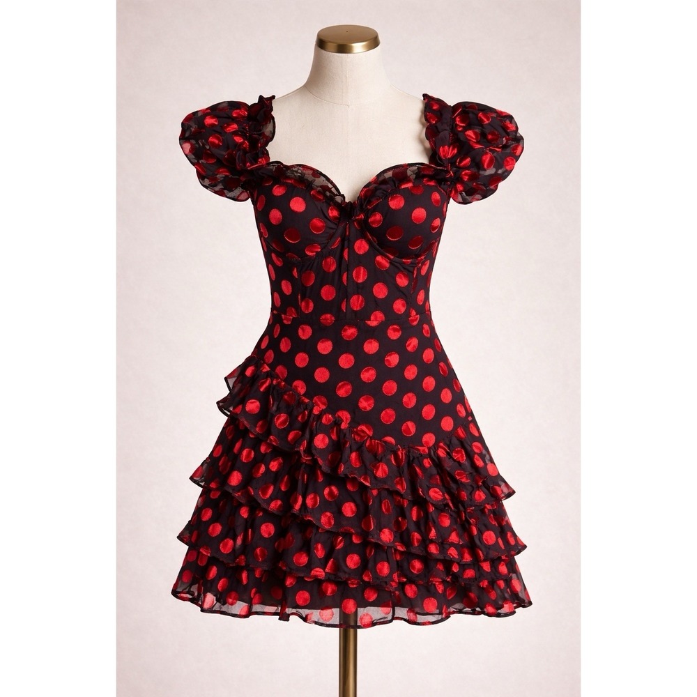 Lovers + Friends‎ Polka Dot Bustier Mini Dress Ruffle Party Red Black XS